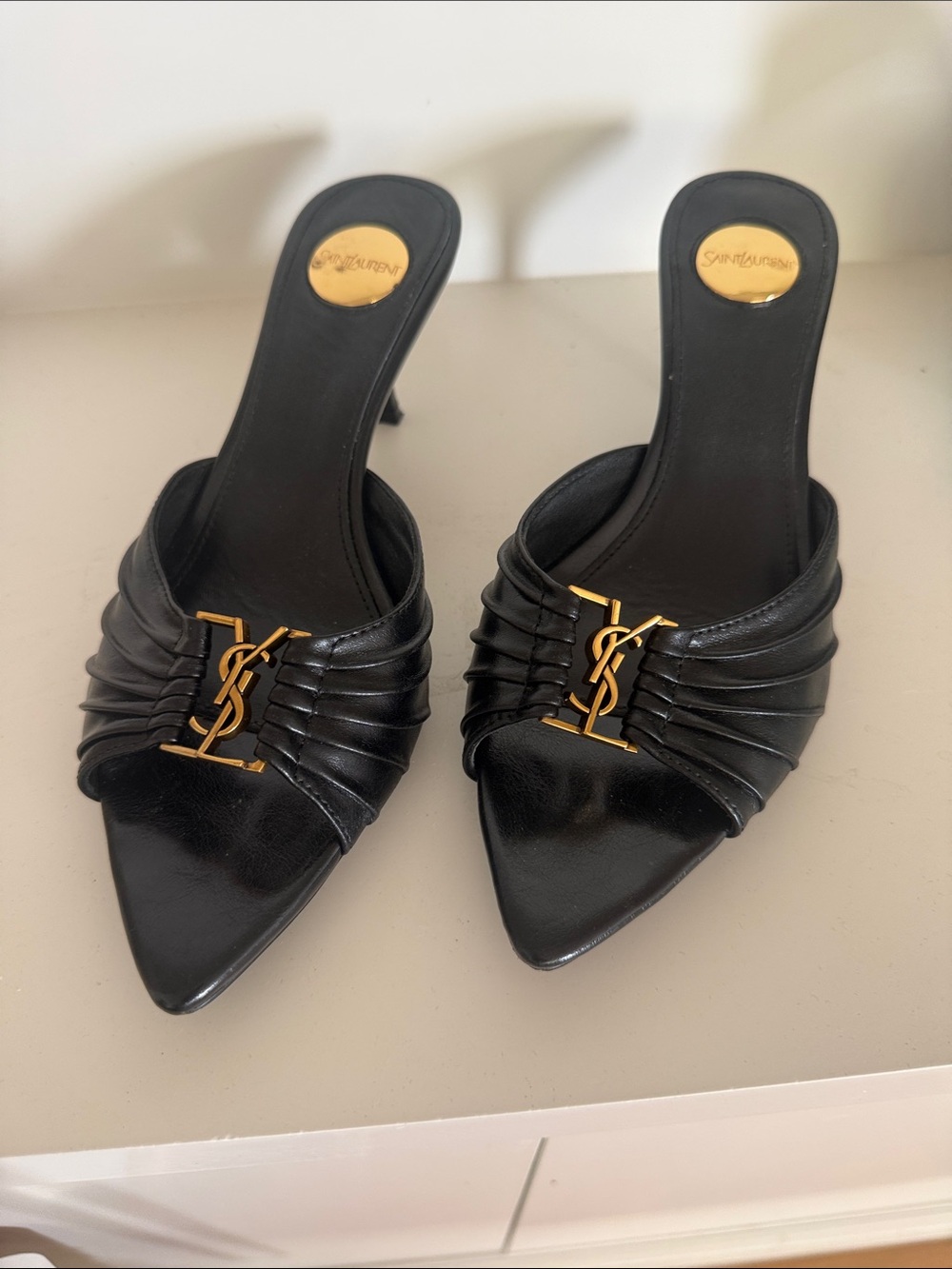 Saint Laurent Black Leather Pointed Mule with Gold Logo